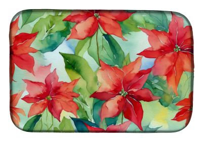 Poinsettias in Watercolor Dish Drying Mat Absorbent Dish Drying Mat Pad for Kitchen Counter Dish Drainer Mat for Countertop, 14 x 21", Multicolor