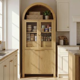 71" Fluted Tall Arched Pantry Cabinet with Adjustable Shelves, Elegant Display Storage with Hidden Drawer & Glass Door for Kitchen, Living Room (Color: Oak)